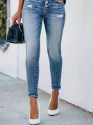 Kadın önü Düğmeli Eskitme Slim Fit Kot Pantolon resmi